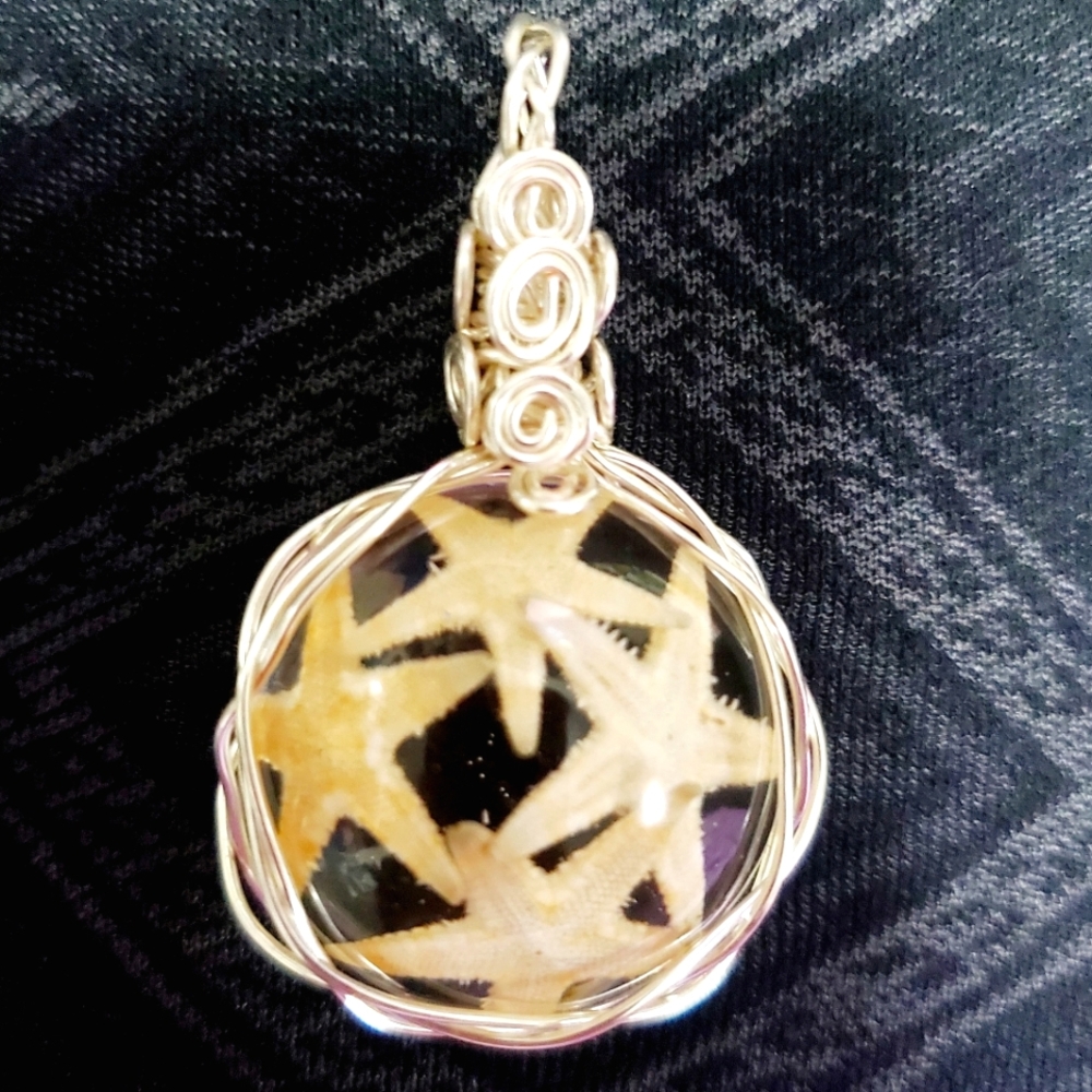 Real Starfish Resin Orb Wire Wrapped Pendant Necklace Silver Wire 52x32mm